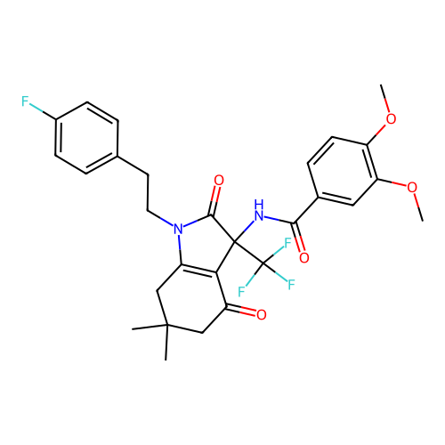 N-(1-(4-fluorophenethyl)-6,6-dimethyl-2,4-dioxo-3-(trifluoromethyl)-2,3,4,5,6,7-hexahydro-1H-indol-3-yl)-3,4-dimethoxybenzamide structure