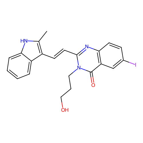 (E)-3-(3-hydroxypropyl)-6-iodo-2-(2-(2-methyl-1H-indol-3-yl)vinyl)quinazolin-4(3H)-one structure