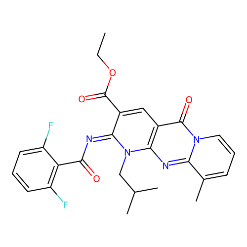 (Z)-ethyl 2-((2,6-difluorobenzoyl)imino)-1-isobutyl-10-methyl-5-oxo-2,5-dihydro-1H-dipyrido[1,2-a:2',3'-d]pyrimidine-3-carboxylate structure