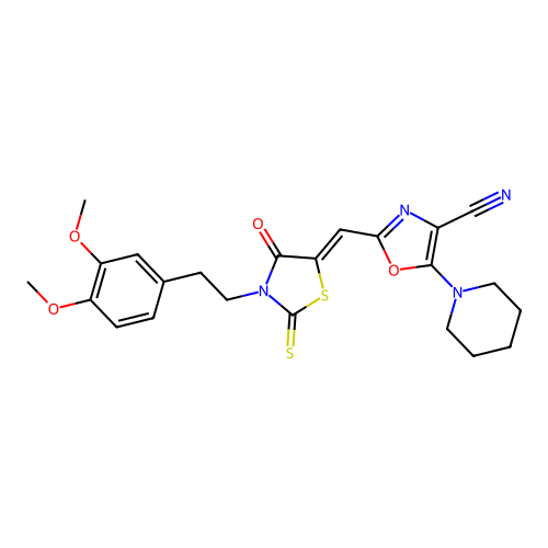 (Z)-2-((3-(3,4-dimethoxyphenethyl)-4-oxo-2-thioxothiazolidin-5-ylidene)methyl)-5-(piperidin-1-yl)oxazole-4-carbonitrile structure