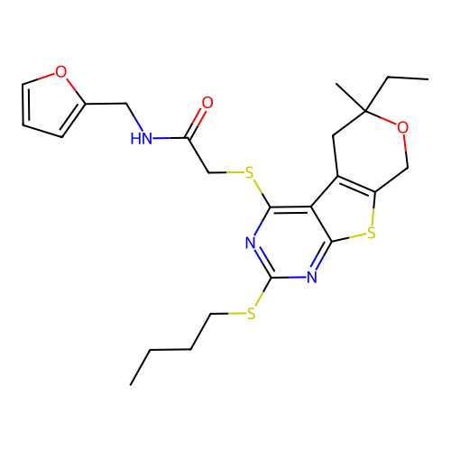 2-((2-(butylthio)-6-ethyl-6-methyl-6,8-dihydro-5H-pyrano[4',3':4,5]thieno[2,3-d]pyrimidin-4-yl)thio)-N-(furan-2-ylmethyl)acetamide structure