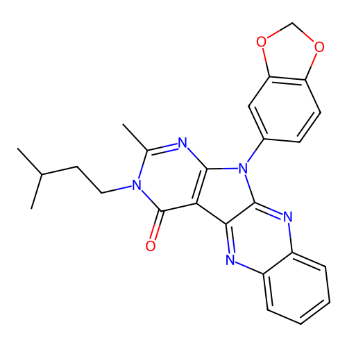 11-(1,3-benzodioxol-5-yl)-2-methyl-3-(3-methylbutyl)-3,11-dihydro-4H-pyrimido[5',4':4,5]pyrrolo[2,3-b]quinoxalin-4-one structure