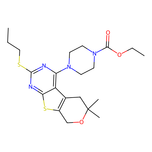 ethyl 4-(6,6-dimethyl-2-(propylthio)-6,8-dihydro-5H-pyrano[4',3':4,5]thieno[2,3-d]pyrimidin-4-yl)piperazine-1-carboxylate structure