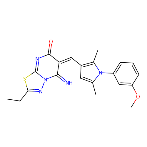 (6E)-2-ethyl-5-imino-6-[[1-(3-methoxyphenyl)-2,5-dimethylpyrrol-3-yl]methylidene]-[1,3,4]thiadiazolo[3,2-a]pyrimidin-7-one structure