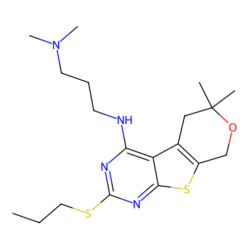 N'-[6,6-dimethyl-2-(propylsulfanyl)-5,8-dihydro-6H-pyrano[4',3':4,5]thieno[2,3-d]pyrimidin-4-yl]-N,N-dimethylpropane-1,3-diamine structure