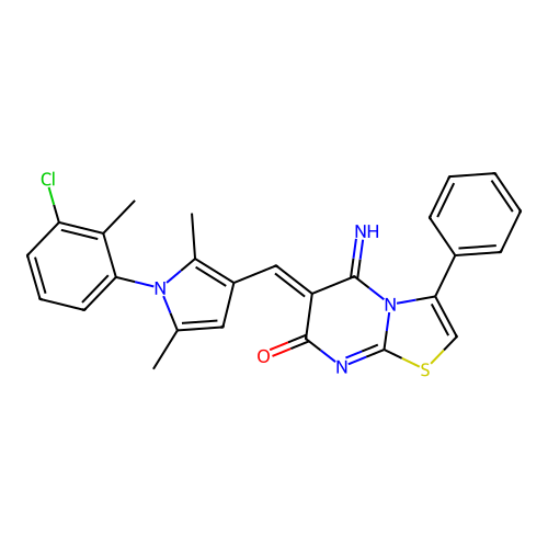 (6Z)-6-[[1-(3-chloro-2-methylphenyl)-2,5-dimethylpyrrol-3-yl]methylidene]-5-imino-3-phenyl-[1,3]thiazolo[3,2-a]pyrimidin-7-one structure
