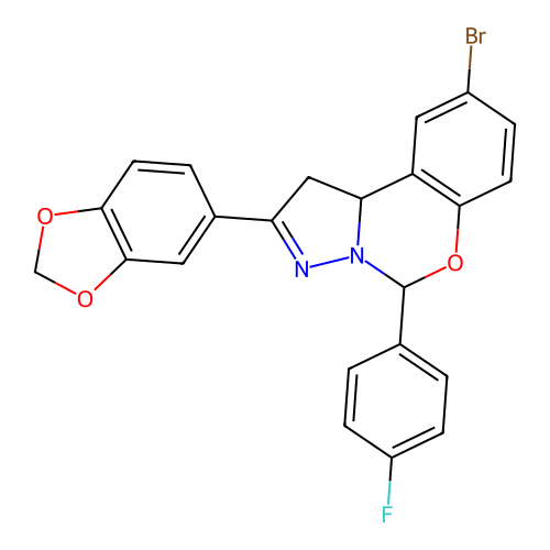 2-(1,3-benzodioxol-5-yl)-9-bromo-5-(4-fluorophenyl)-1,10b-dihydropyrazolo[1,5-c][1,3]benzoxazine structure