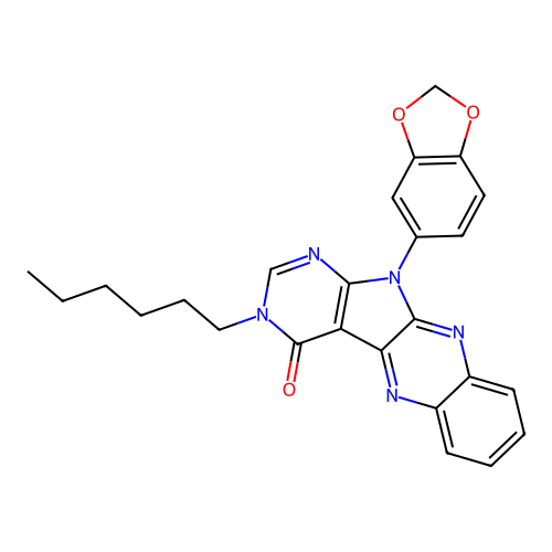 11-(1,3-benzodioxol-5-yl)-3-hexyl-3,11-dihydro-4H-pyrimido[5',4':4,5]pyrrolo[2,3-b]quinoxalin-4-one structure