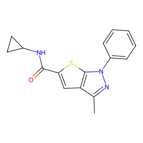 N-cyclopropyl-3-methyl-1-phenyl-5-thieno[2,3-c]pyrazolecarboxamide structure