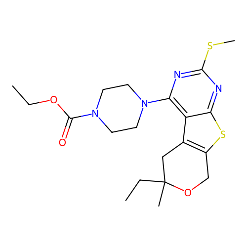 ethyl 4-(6-ethyl-6-methyl-2-(methylthio)-6,8-dihydro-5H-pyrano[4',3':4,5]thieno[2,3-d]pyrimidin-4-yl)piperazine-1-carboxylate structure