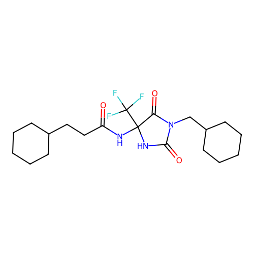 3-cyclohexyl-N-(1-(cyclohexylmethyl)-2,5-dioxo-4-(trifluoromethyl)imidazolidin-4-yl)propanamide structure