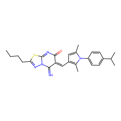 (6Z)-2-butyl-6-({2,5-dimethyl-1-[4-(propan-2-yl)phenyl]-1H-pyrrol-3-yl}methylidene)-5-imino-5,6-dihydro-7H-[1,3,4]thiadiazolo[3,2-a]pyrimidin-7-one structure