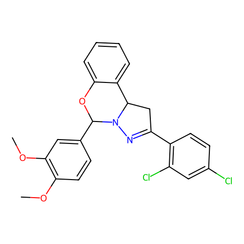 2-(2,4-dichlorophenyl)-5-(3,4-dimethoxyphenyl)-1,10b-dihydropyrazolo[1,5-c][1,3]benzoxazine structure