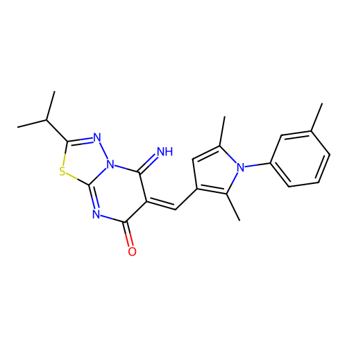 (6E)-6-[[2,5-dimethyl-1-(3-methylphenyl)pyrrol-3-yl]methylidene]-5-imino-2-propan-2-yl-[1,3,4]thiadiazolo[3,2-a]pyrimidin-7-one structure