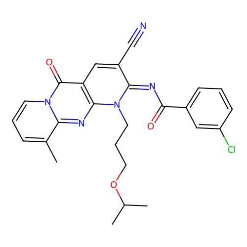 (E)-3-chloro-N-(3-cyano-1-(3-isopropoxypropyl)-10-methyl-5-oxo-1H-dipyrido[1,2-a:2',3'-d]pyrimidin-2(5H)-ylidene)benzamide structure