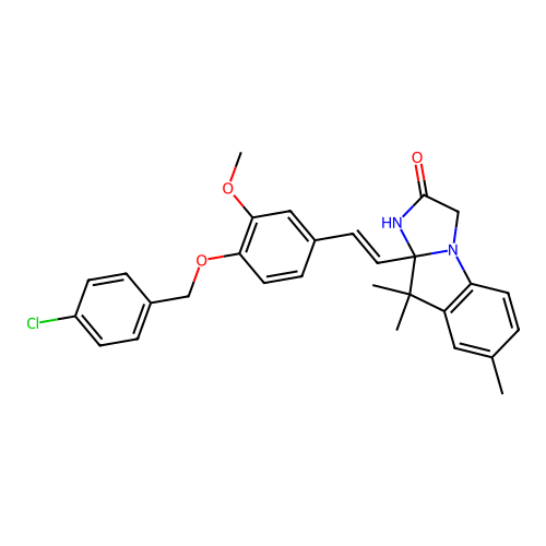 (E)-9a-(4-((4-chlorobenzyl)oxy)-3-methoxystyryl)-7,9,9-trimethyl-9,9a-dihydro-1H-imidazo[1,2-a]indol-2(3H)-one structure