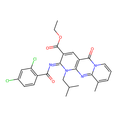 (Z)-ethyl 2-((2,4-dichlorobenzoyl)imino)-1-isobutyl-10-methyl-5-oxo-2,5-dihydro-1H-dipyrido[1,2-a:2',3'-d]pyrimidine-3-carboxylate structure