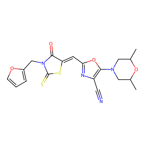 (Z)-5-(2,6-dimethylmorpholino)-2-((3-(furan-2-ylmethyl)-4-oxo-2-thioxothiazolidin-5-ylidene)methyl)oxazole-4-carbonitrile structure