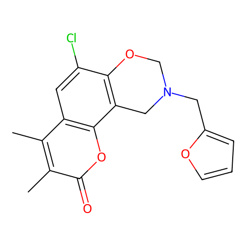 6-chloro-9-(2-furylmethyl)-3,4-dimethyl-9,10-dihydro-2H,8H-chromeno[8,7-e][1,3]oxazin-2-one structure