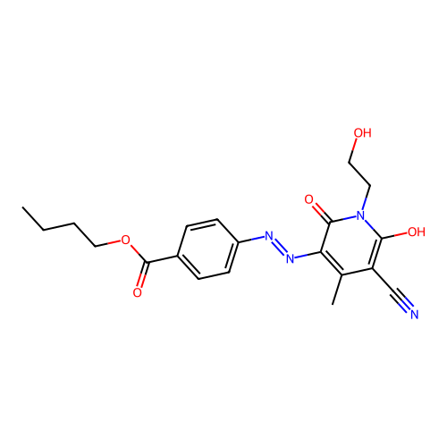 (E)-butyl 4-(2-(5-cyano-1-(2-hydroxyethyl)-4-methyl-2,6-dioxo-1,6-dihydropyridin-3(2H)-ylidene)hydrazinyl)benzoate structure