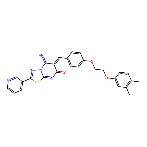 (6Z)-6-[[4-[2-(3,4-dimethylphenoxy)ethoxy]phenyl]methylidene]-5-imino-2-pyridin-3-yl-[1,3,4]thiadiazolo[3,2-a]pyrimidin-7-one structure