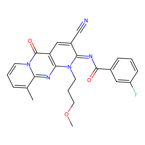 (E)-N-(3-cyano-1-(3-methoxypropyl)-10-methyl-5-oxo-1H-dipyrido[1,2-a:2',3'-d]pyrimidin-2(5H)-ylidene)-3-fluorobenzamide structure