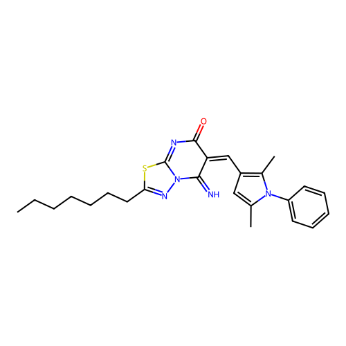 (6E)-6-[(2,5-dimethyl-1-phenyl-1H-pyrrol-3-yl)methylidene]-2-heptyl-5-imino-5,6-dihydro-7H-[1,3,4]thiadiazolo[3,2-a]pyrimidin-7-one structure