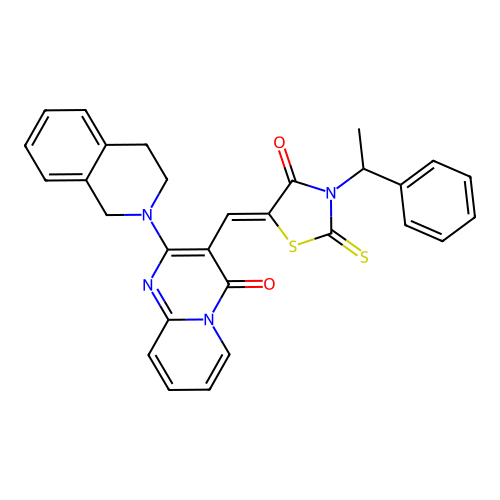 2-(3,4-dihydroisoquinolin-2(1H)-yl)-3-{(Z)-[4-oxo-3-(1-phenylethyl)-2-thioxo-1,3-thiazolidin-5-ylidene]methyl}-4H-pyrido[1,2-a]pyrimidin-4-one structure