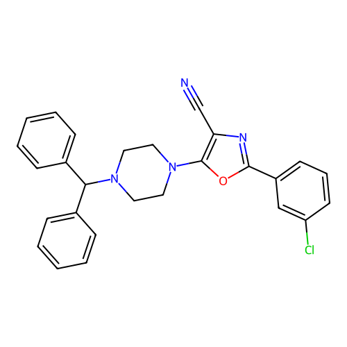 5-(4-benzhydrylpiperazin-1-yl)-2-(3-chlorophenyl)-1,3-oxazole-4-carbonitrile structure