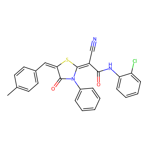 (2E)-N-(2-chlorophenyl)-2-cyano-2-[(5E)-5-(4-methylbenzylidene)-4-oxo-3-phenyl-1,3-thiazolidin-2-ylidene]ethanamide structure