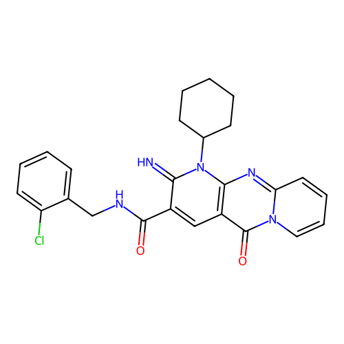 N-(2-chlorobenzyl)-1-cyclohexyl-2-imino-5-oxo-1,5-dihydro-2H-dipyrido[1,2-a:2',3'-d]pyrimidine-3-carboxamide structure