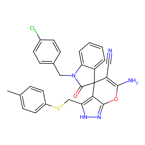 6'-amino-1-(4-chlorobenzyl)-2-oxo-3'-((p-tolylthio)methyl)-1'H-spiro[indoline-3,4'-pyrano[2,3-c]pyrazole]-5'-carbonitrile structure