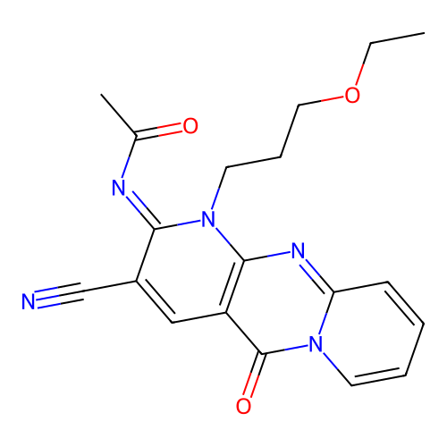 N-[3-Cyano-1-(3-ethoxy-propyl)-10-oxo-1,10-dihydro-1,9,10a-triaza-anthracen-(2Z)-ylidene]-acetamide structure
