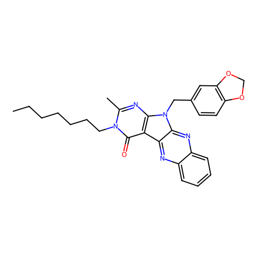 11-(1,3-benzodioxol-5-ylmethyl)-3-heptyl-2-methyl-3,11-dihydro-4H-pyrimido[5',4':4,5]pyrrolo[2,3-b]quinoxalin-4-one structure