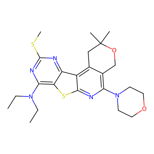 N,N-diethyl-2,2-dimethyl-10-(methylsulfanyl)-5-(morpholin-4-yl)-1,4-dihydro-2H-pyrano[4'',3'':4',5']pyrido[3',2':4,5]thieno[3,2-d]pyrimidin-8-amine structure