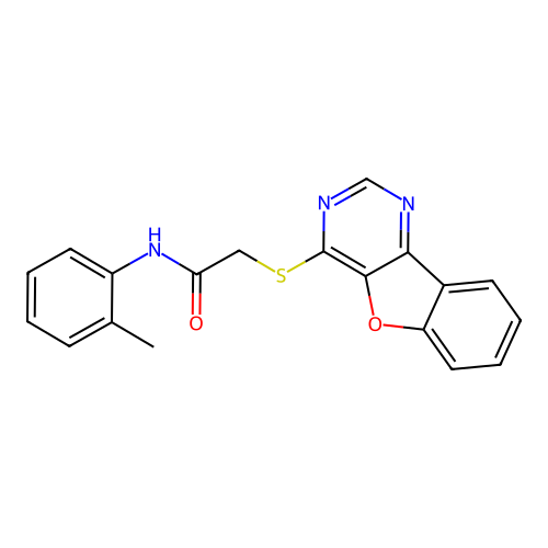 2-([1]benzofuro[3,2-d]pyrimidin-4-ylsulfanyl)-N-(2-methylphenyl)acetamide structure