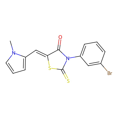 (Z)-3-(3-bromophenyl)-5-((1-methyl-1H-pyrrol-2-yl)methylene)-2-thioxothiazolidin-4-one structure