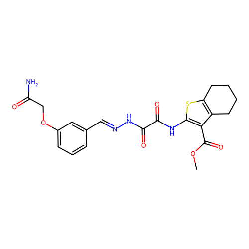 (E)-methyl 2-(2-(2-(3-(2-amino-2-oxoethoxy)benzylidene)hydrazinyl)-2-oxoacetamido)-4,5,6,7-tetrahydrobenzo[b]thiophene-3-carboxylate structure