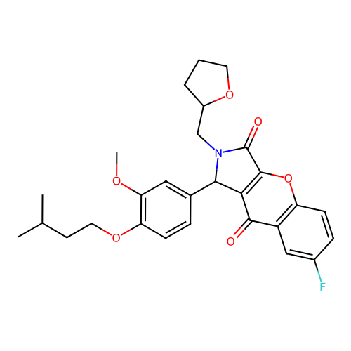7-fluoro-1-(4-(isopentyloxy)-3-methoxyphenyl)-2-((tetrahydrofuran-2-yl)methyl)-1,2-dihydrochromeno[2,3-c]pyrrole-3,9-dione structure