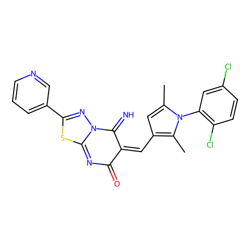 (E)-6-((1-(2,5-dichlorophenyl)-2,5-dimethyl-1H-pyrrol-3-yl)methylene)-5-imino-2-(pyridin-3-yl)-5H-[1,3,4]thiadiazolo[3,2-a]pyrimidin-7(6H)-one structure