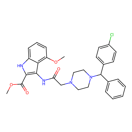 methyl 3-(2-(4-((4-chlorophenyl)(phenyl)methyl)piperazin-1-yl)acetamido)-4-methoxy-1H-indole-2-carboxylate structure