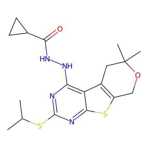 N'-(2-(isopropylthio)-6,6-dimethyl-6,8-dihydro-5H-pyrano[4',3':4,5]thieno[2,3-d]pyrimidin-4-yl)cyclopropanecarbohydrazide structure