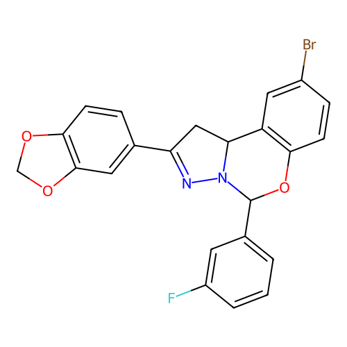 2-(1,3-benzodioxol-5-yl)-9-bromo-5-(3-fluorophenyl)-1,10b-dihydropyrazolo[1,5-c][1,3]benzoxazine structure
