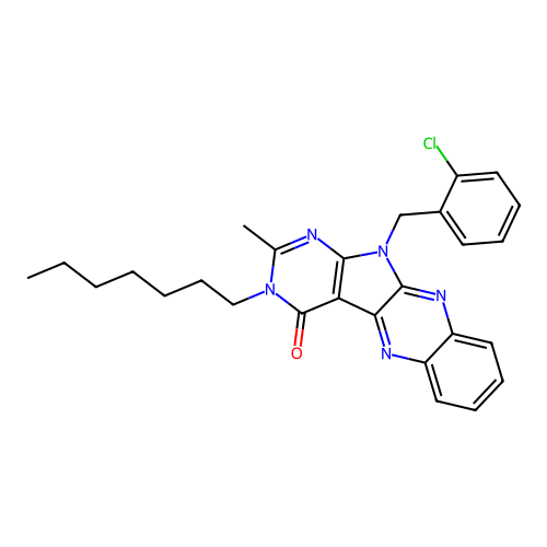 11-(2-chlorobenzyl)-3-heptyl-2-methyl-3,11-dihydro-4H-pyrimido[5',4':4,5]pyrrolo[2,3-b]quinoxalin-4-one structure