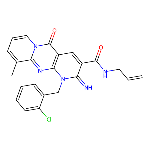 7-[(2-chlorophenyl)methyl]-6-imino-11-methyl-2-oxo-N-(prop-2-en-1-yl)-1,7,9-triazatricyclo[8.4.0.0^{3,8}]tetradeca-3(8),4,9,11,13-pentaene-5-carboxamide structure