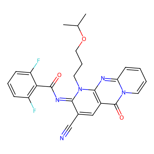 (E)-N-(3-cyano-1-(3-isopropoxypropyl)-5-oxo-1H-dipyrido[1,2-a:2',3'-d]pyrimidin-2(5H)-ylidene)-2,6-difluorobenzamide structure