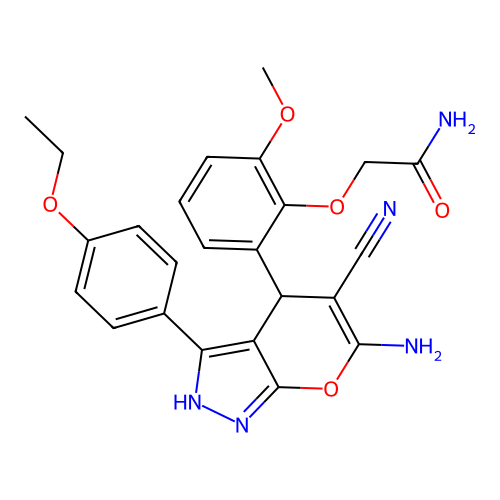 2-[2-[6-amino-5-cyano-3-(4-ethoxyphenyl)-2,4-dihydropyrano[2,3-c]pyrazol-4-yl]-6-methoxyphenoxy]acetamide structure
