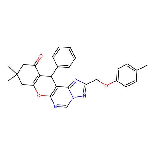 9,9-dimethyl-12-phenyl-2-((p-tolyloxy)methyl)-9,10-dihydro-8H-chromeno[3,2-e][1,2,4]triazolo[1,5-c]pyrimidin-11(12H)-one structure