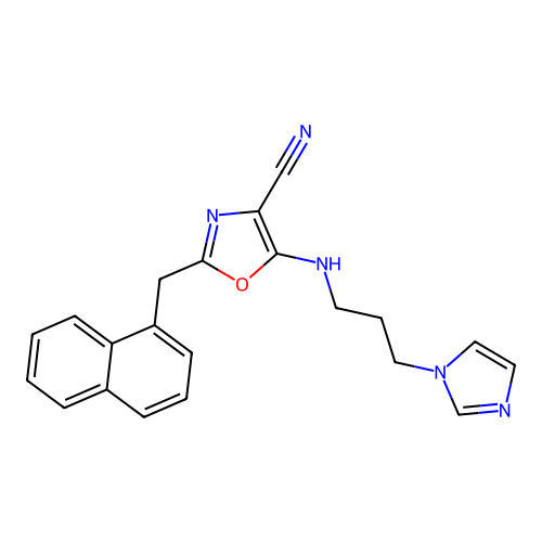 5-{[3-(1H-imidazol-1-yl)propyl]amino}-2-(naphthalen-1-ylmethyl)-1,3-oxazole-4-carbonitrile structure