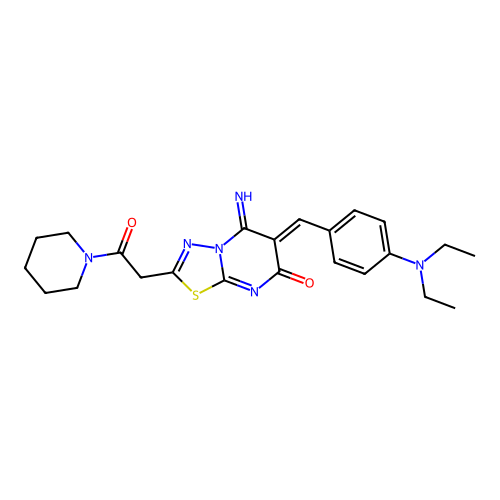 (6Z)-6-[[4-(diethylamino)phenyl]methylidene]-5-imino-2-(2-oxo-2-piperidin-1-ylethyl)-[1,3,4]thiadiazolo[3,2-a]pyrimidin-7-one structure